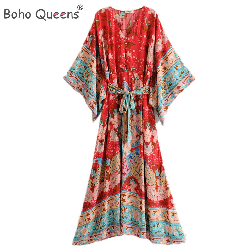 Женское пляжное платье кимоно Boho Queens красное с цветочным принтом и рукавом