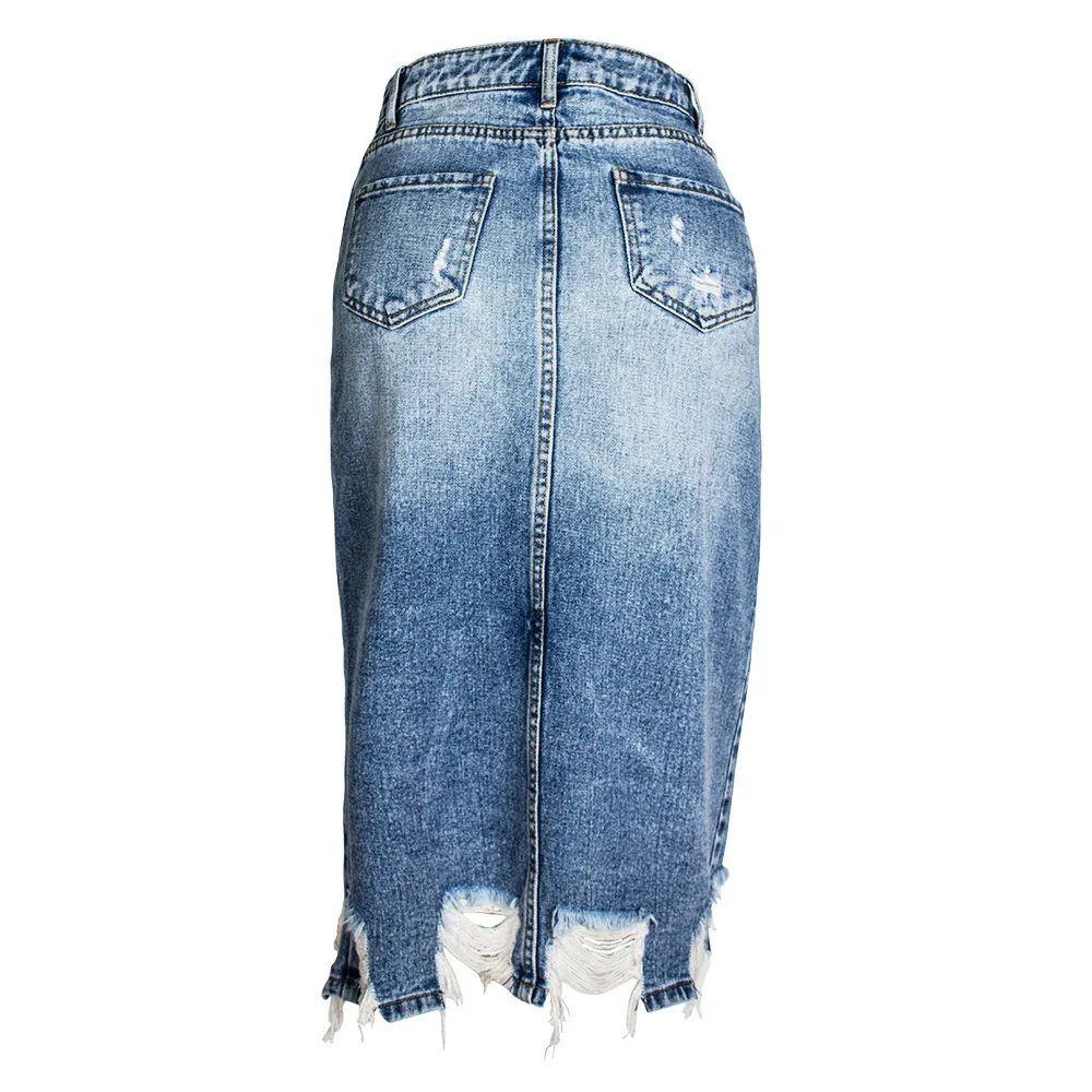 

Women's skirt with irregular tassels, perforated denim skirt, hip skirt, mid skirt