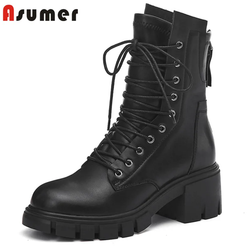 Женские ботинки на платформе ASUMER из натуральной кожи квадратном каблуке