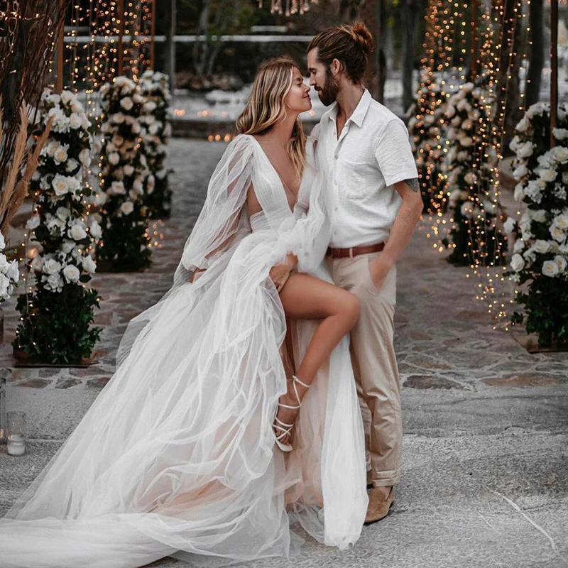 

Свадебное платье Smileven в стиле бохо с пышными рукавами, кружевные свадебные платья с Боковым Разрезом и открытой спиной, свадебные платья 2022