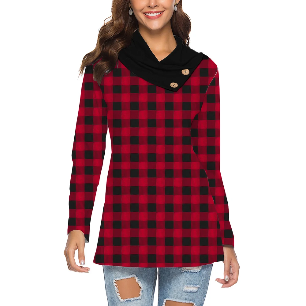 

Women Plaid Hem Tunic T Shirt Winter Warm Long Pullover Skew Button Tunic Tops Sweatshirts Ladies Scarf Collar Feminina Hoodies
