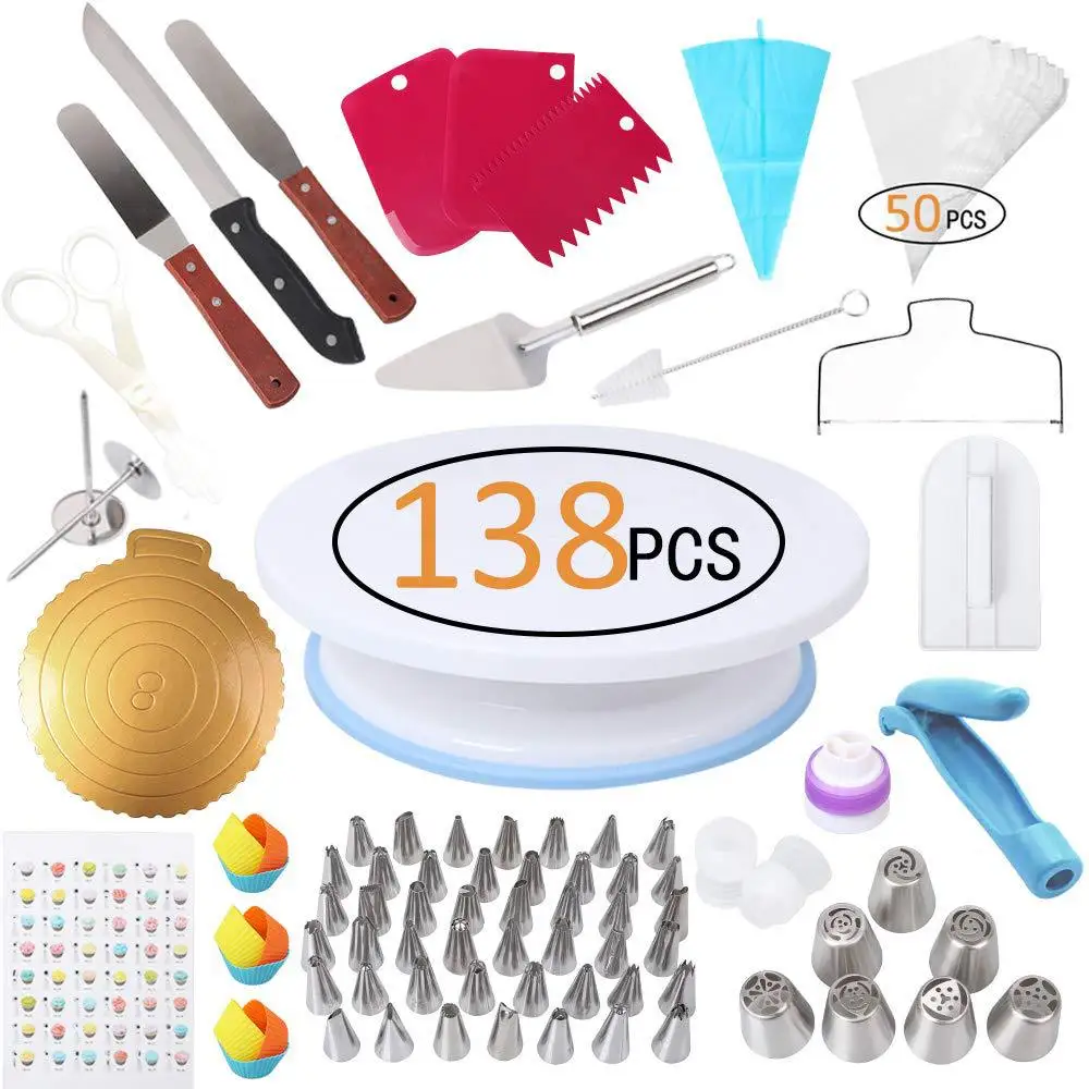 138-in-1 Cake Decorating Kits Supplies with Rotating Cake Turntable Stand Spatula Cupcake Icing Tips  Paper Mat Piping Knife