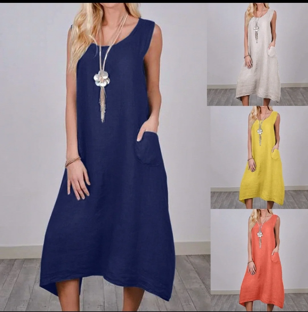 

Spring / summer 2020 new solid color long loose sleeveless pocket dress