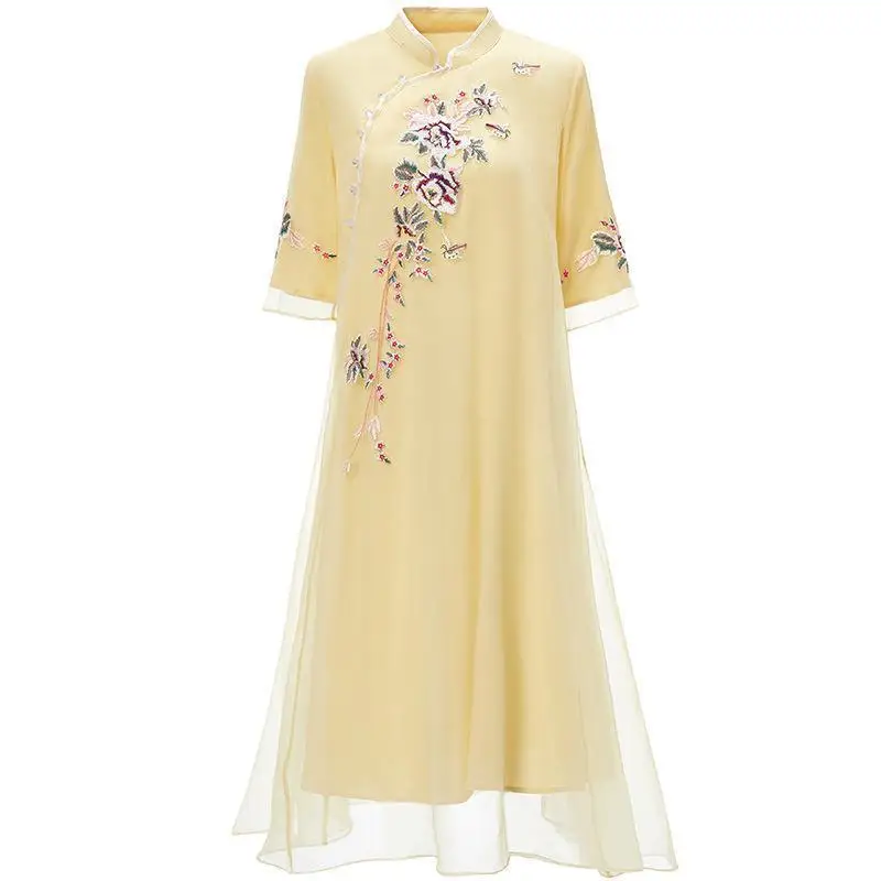 

Chinese Style Women's Vintage Loose Floral Embroidery Dress Dresses For Women Casual A-Line Party Dresses Ladies 2021