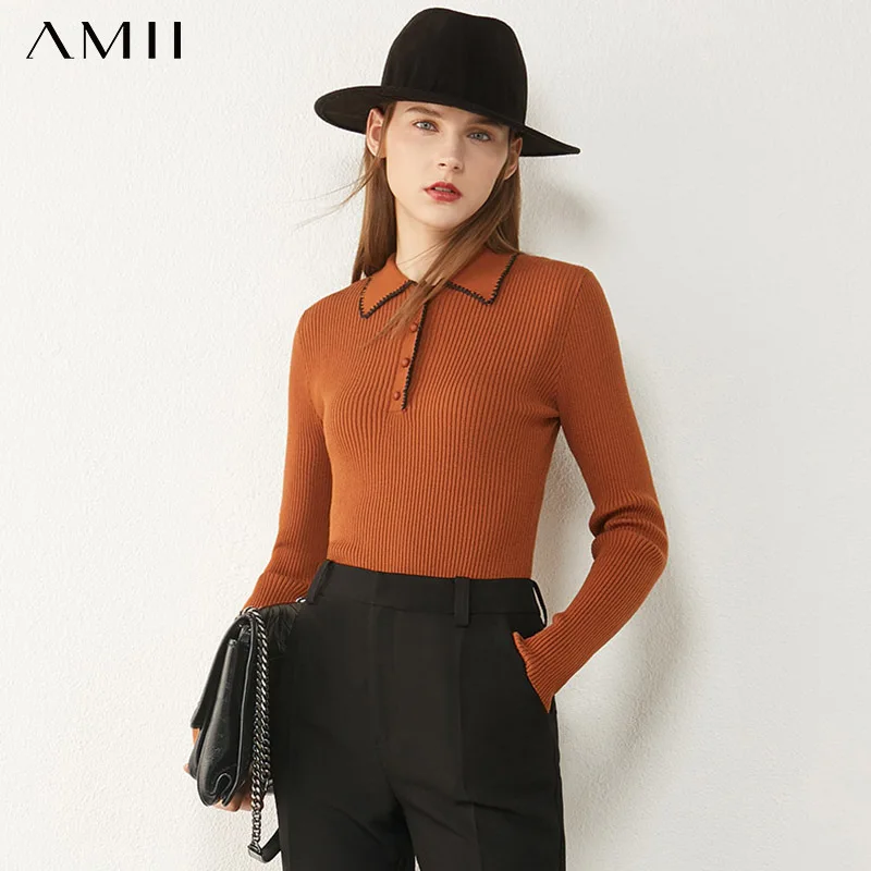 

AMII Minimalism Autumn Winter Women's Sweater Temperament Spliced Slim Fit Lapel Women Pullover Female Sweater Tops 12030393