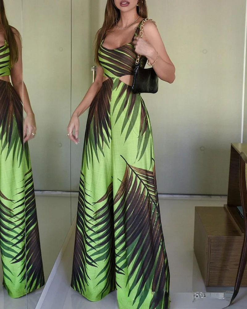 

2021 Summer Sling Jumpsuit Fashion Leaf Print Lace Jumpsuit Fashion Wide Leg Pants