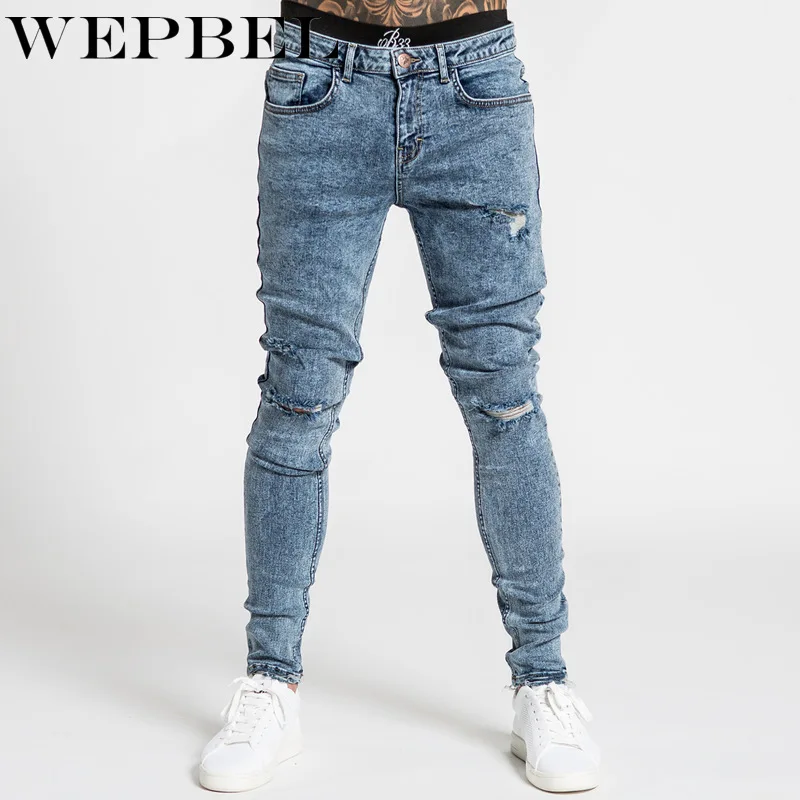 

WEPBEL Men's Fashion Skinny Pant Casual Ripped Hole Jeans Slim Denim Pants Pencil Denim Trousers