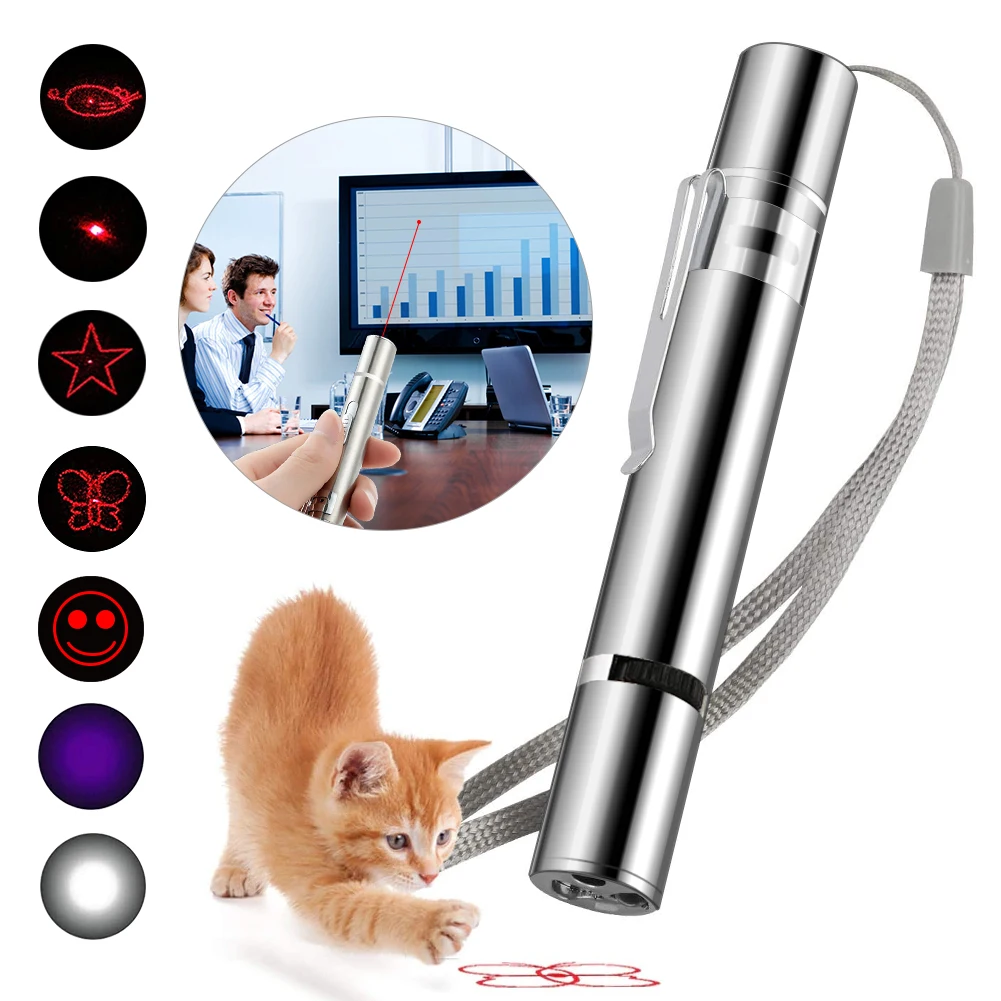 

3 In 1 Cat LED Chase Stick Toys UV 5 Patterns Red Laser Pointer Pen USB Rechargeable White Torch Flashlight Pen Pet Supplies Toy