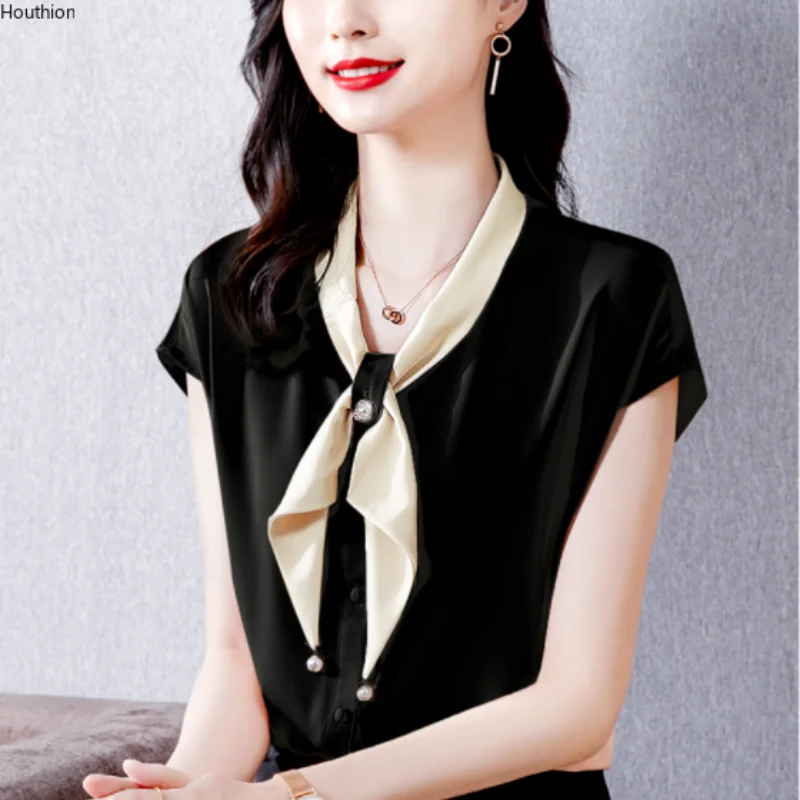 

Women's Blouse Short Sleeve Tops V-neck Shirt Pure Color Stitching Satin Top Fashion Casual Shirts Summer New 10112