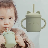 2pcs baby feeding cups silicone drinkware cute cartoon cat sippy cup for toddlers kids sippy cup lids solid with handle drinker
