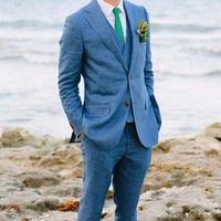2021 Summer Tailor Made Fashion Blue Linen Men Suits Slim Fit Groom Tuxedo For Wedding Beach Party Costume (Jacket+Vest+Pants)