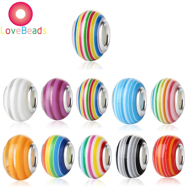 

10Pcs Rainbow Stripe Color Resin Large Hole Spacer Beads Fit European Style Women Pandora Bracelet Chain Jewelry Making Supplies