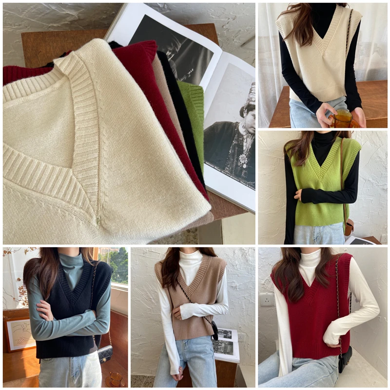Осенний женский короткий вязаный жилет без рукавов в Корейском стиле элегантный