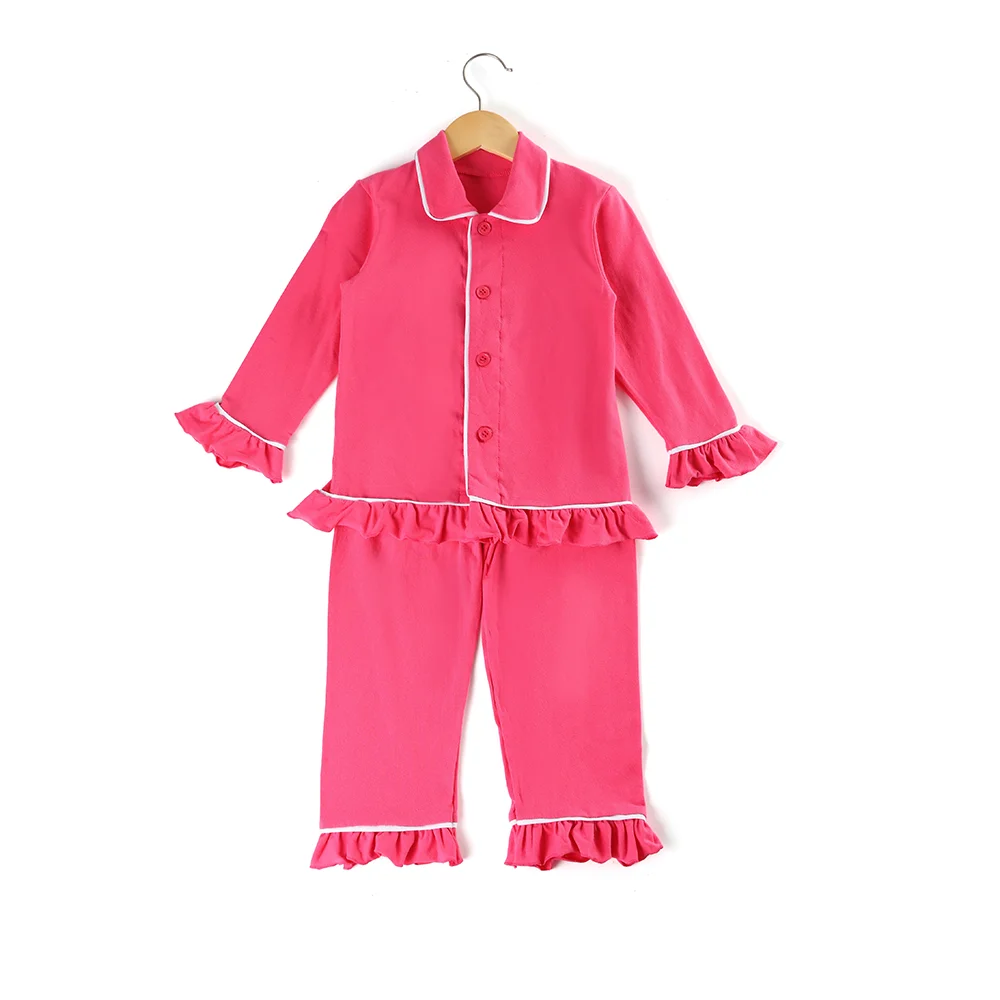 girlshot pink Рождественская Классическая Детская одежда мягкие хлопковые однотонные милые красные пижамы зимние с рюшами для маленьких девочек изысканные пижамы с длинными рукавами - Цвет: girlshot pink