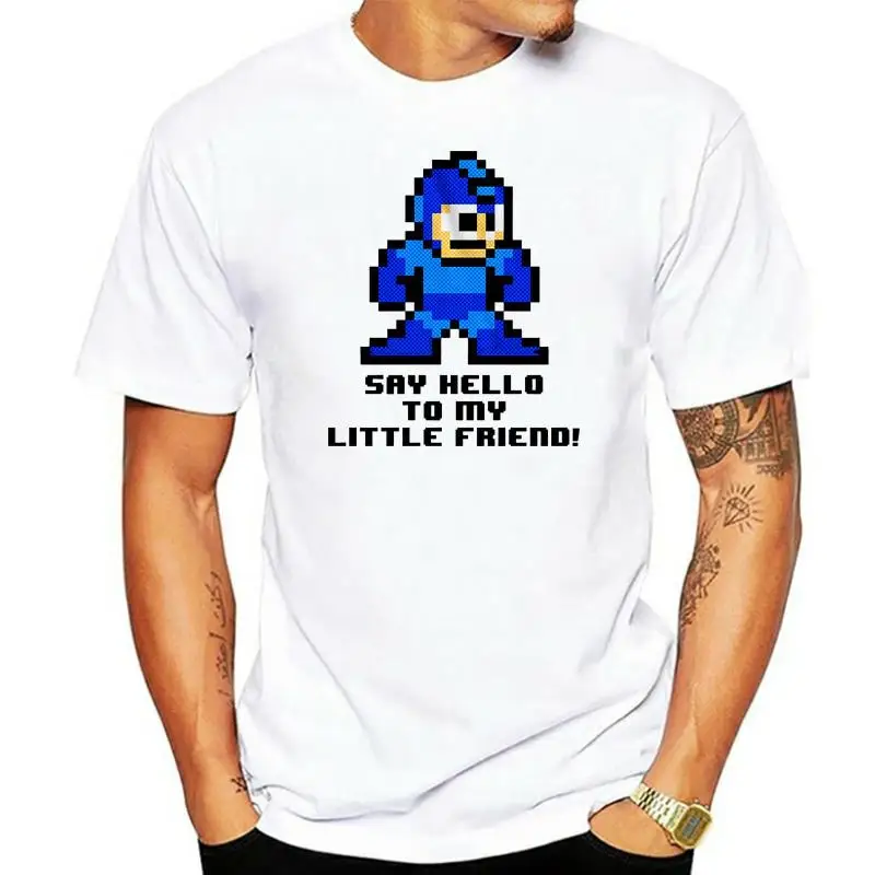 

Megaman Rokkuman Pixel 8Bit Mens T Shirt Say Hello to Little Friend Vintage Game(1)