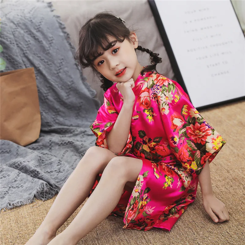 

BALDAUREN Summer Children's Peony Kimono Silk Nightdress Pajamas Bathrobe Baby Catwalk Nightgown