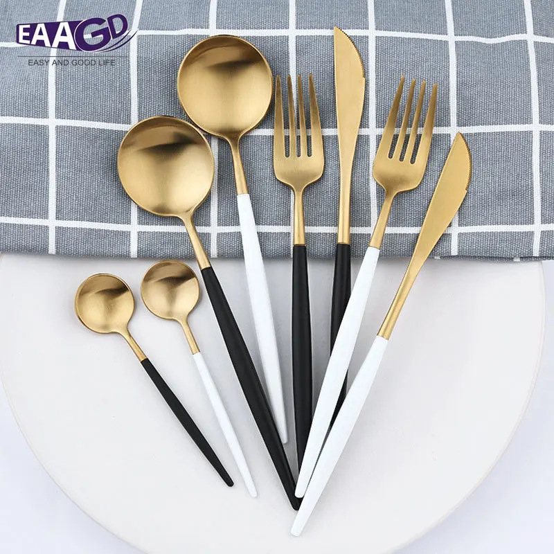 Полезные новые роскошные матовые белые/черные золотые столовые приборы из