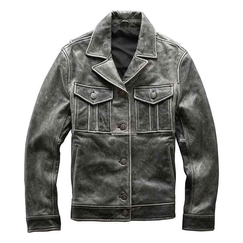 

Gray Men Vintage Thick Cow skin Motorcycle Leather Jacket Fashion Single-breasted soft Cowhide Biker jackets Winter Coats