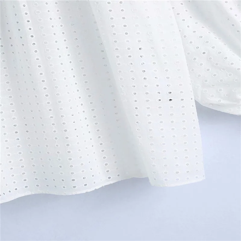 

2021 ZA White Embroidered Eyelet Blouse Women Long Puff Sleeve O Neck Openwork Summer Top Female Chic Front Button Shirts