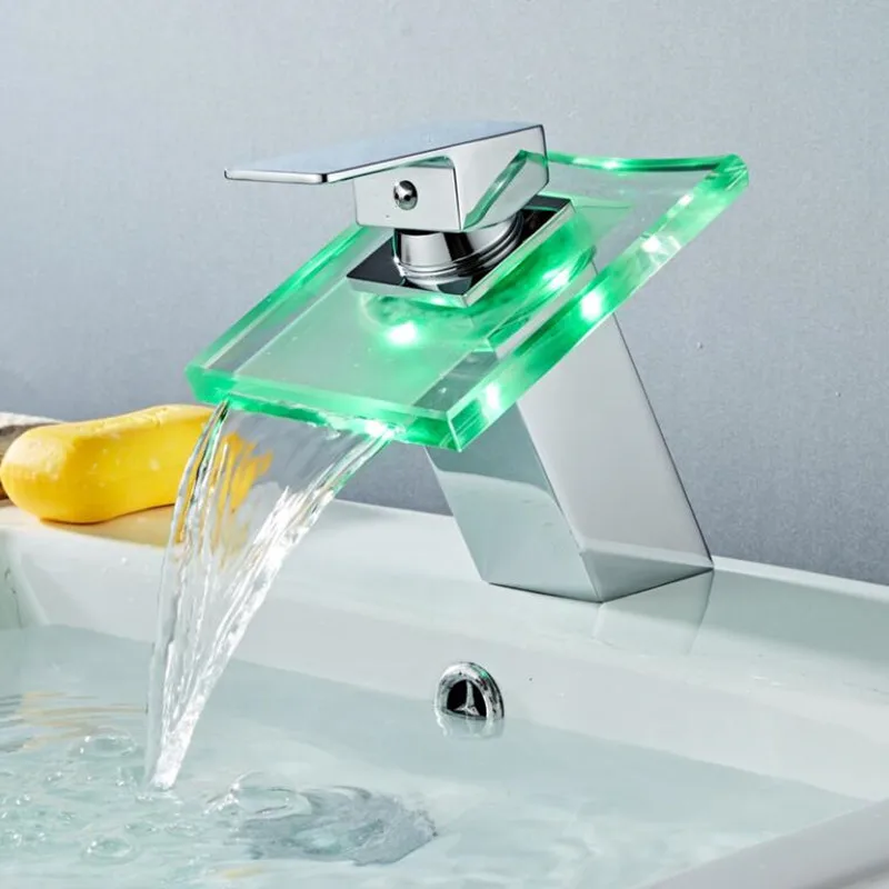 Смеситель для ванной со стеклянным светодиодным водопадом латунный кран