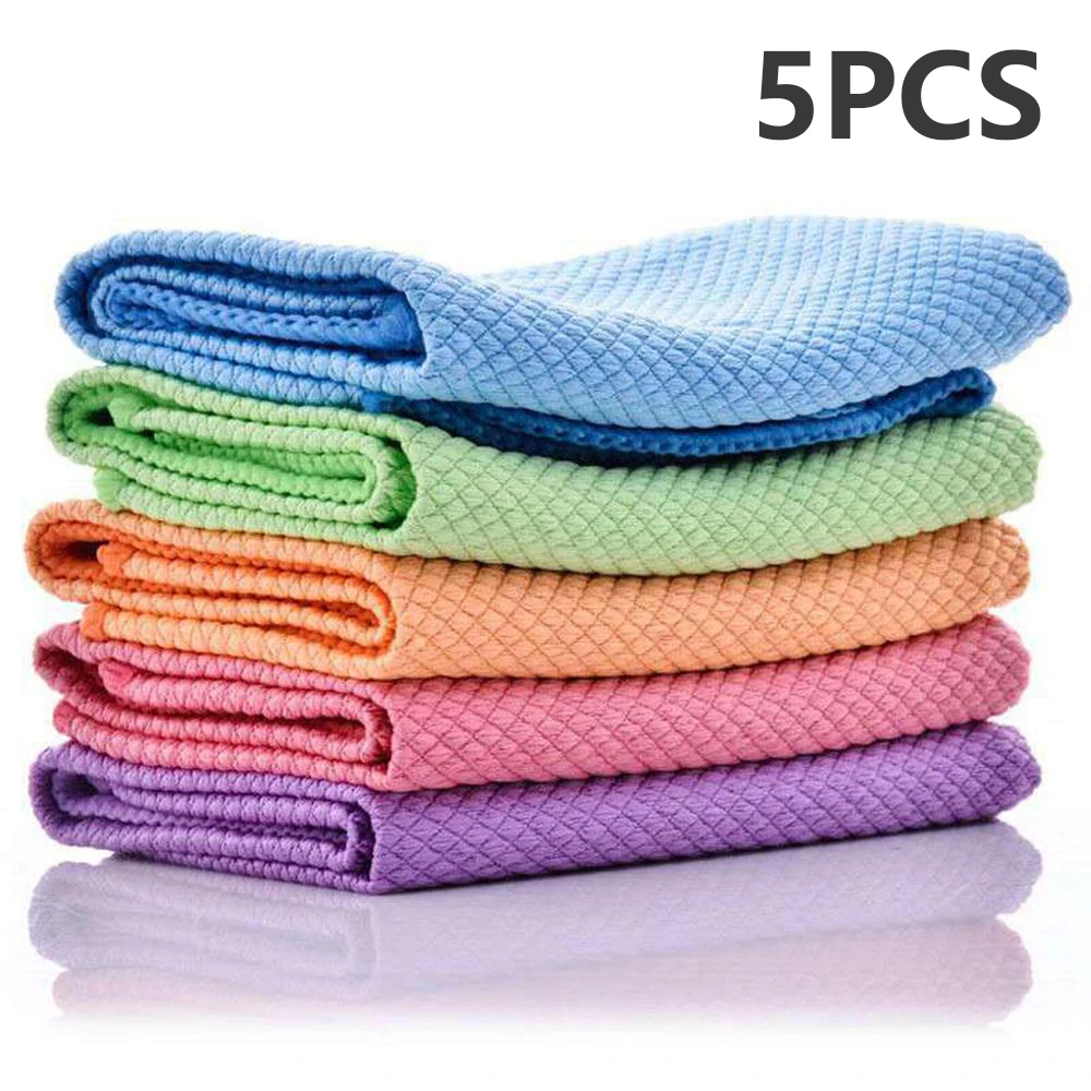 

5pcs Soft Microfiber Cleaning Towel Absorbable Glass Kitchen Cleaning Cloth Wipes Fish Scale Table Window Car Dish Towel Rag