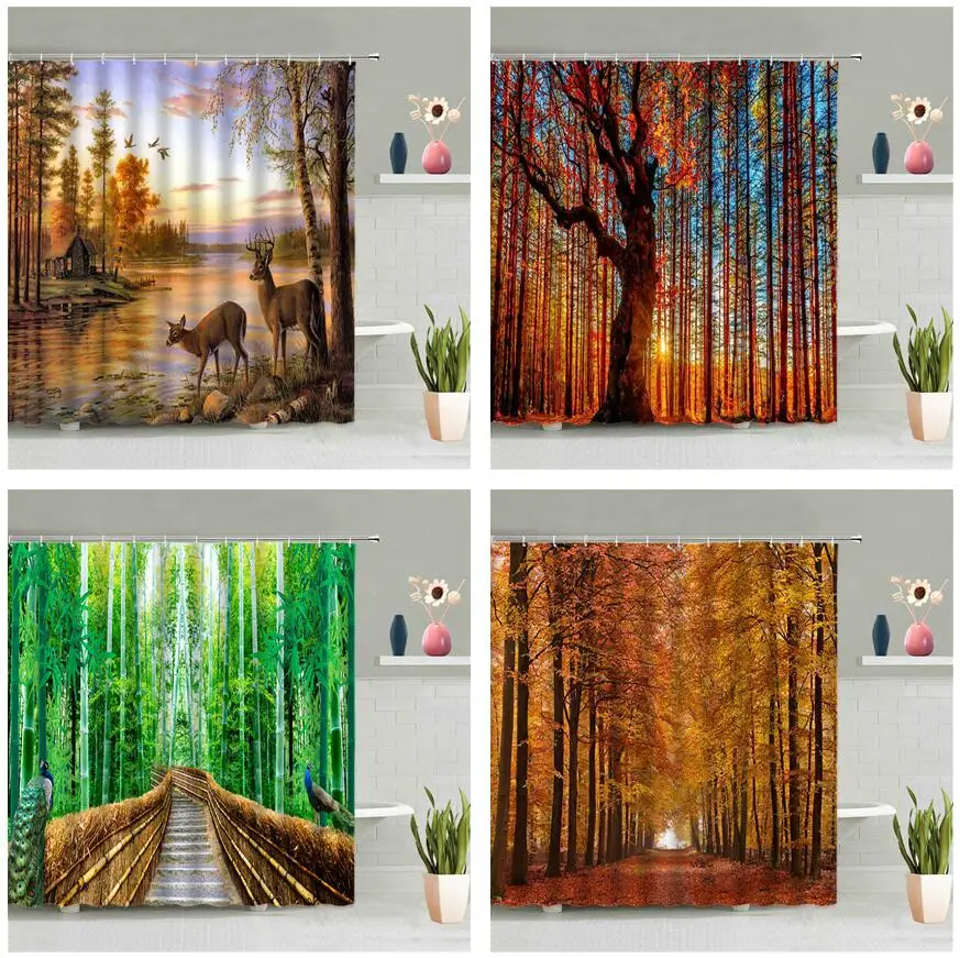 

Занавеска для душа с изображением леса, оленя, дерева, павлина, пейзажа, 3D-печать, набор аксессуаров для ванной комнаты, домашний декор, водон...
