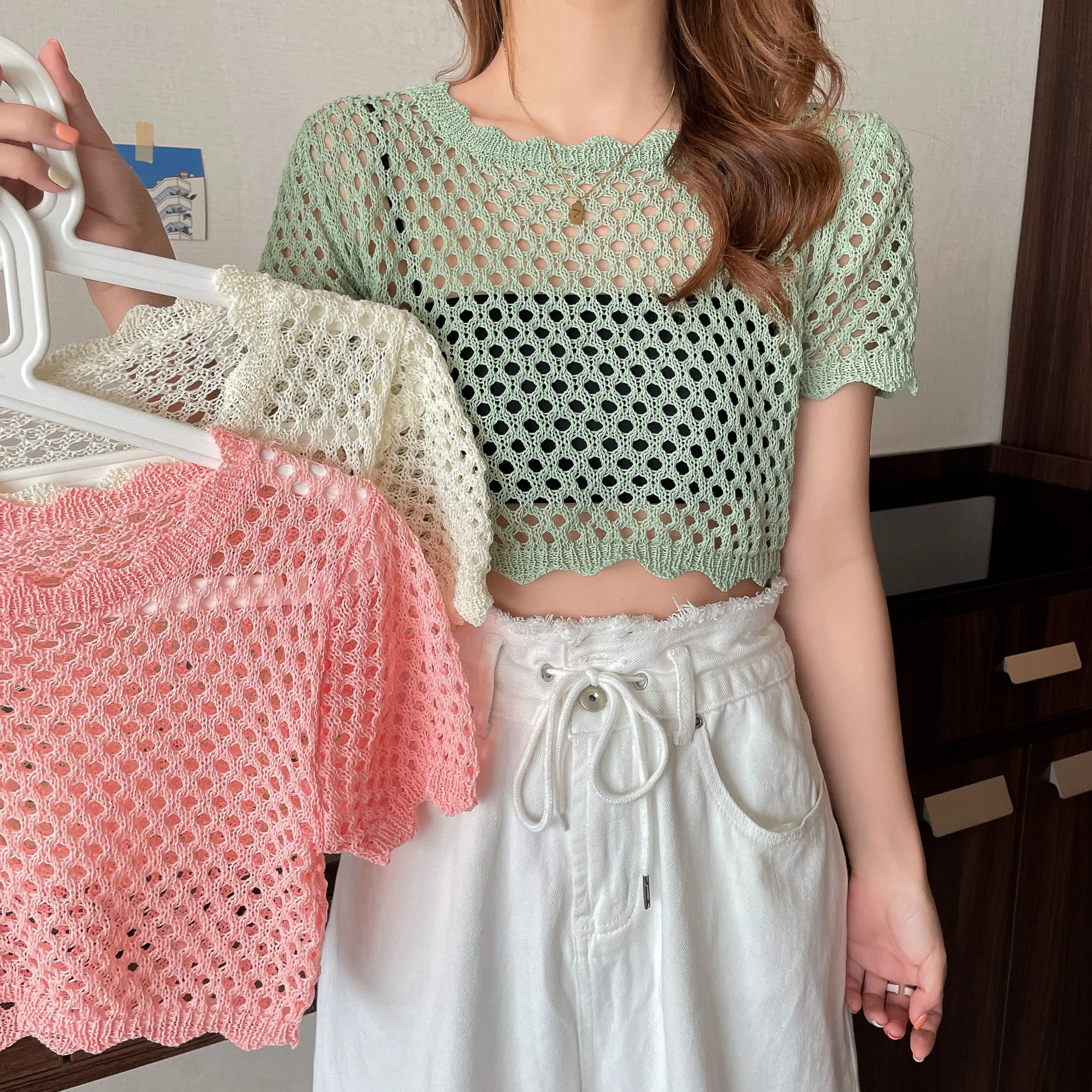 

New Arrvials Green Fashion Crop Top T-Shirt Women Summer 2021 Japan Style Hallow Out Pink White Women's Clothing Casual Tops