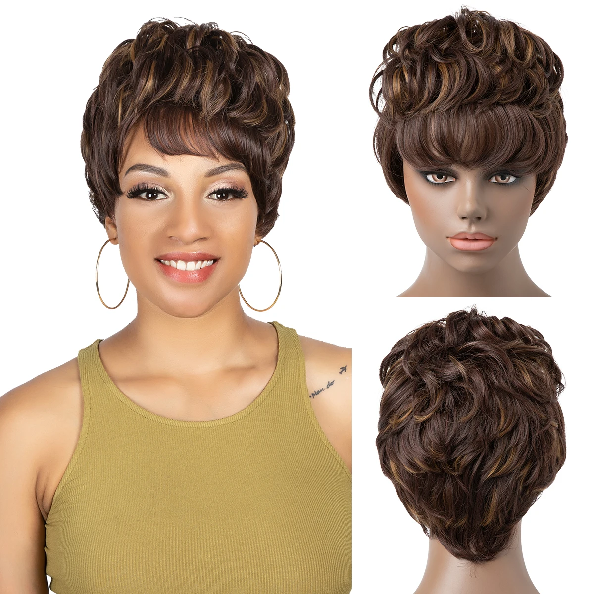 

Short Drag Queen Curly Pixie Cut Wig Afro Highlight Layered Women's Natural Wigs Synthetic African With Bang For Black Women