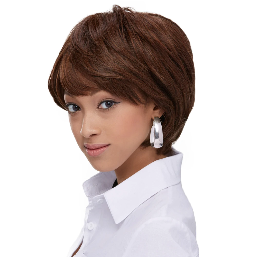 

Short Straight Synthetic Wigs For Women Dark Brown Color Wig With Side Bang 10 inches Average Synthetic Wig For Party Daily Life