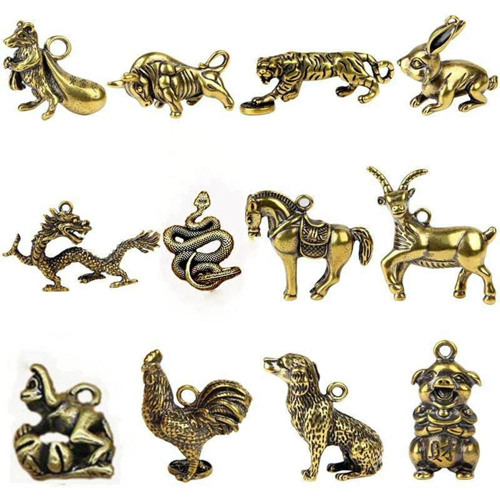 

12Styles Chinese Zodiac Bull Ornament Pure Copper Handmade Lines Key Pendant Sculpture Copper Miniatures Figurines Desk Decor