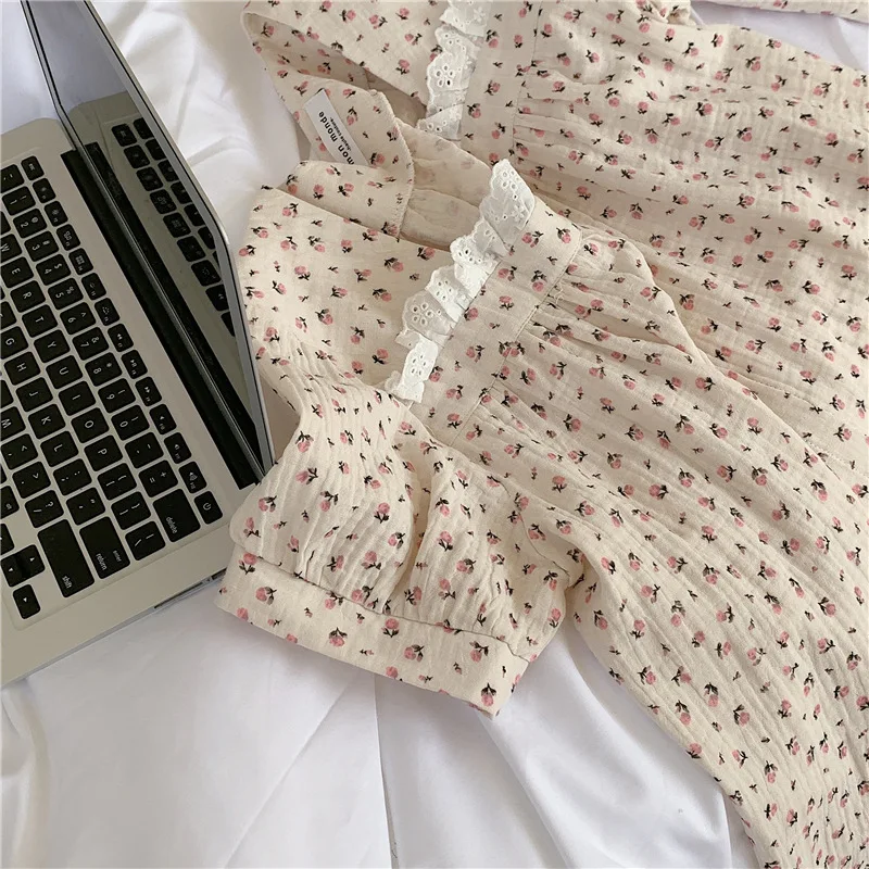 

Marple summer homewear sleepwear women short sleeve pajamas set turn doan collar pants 2 piece set home clothes floral rpint