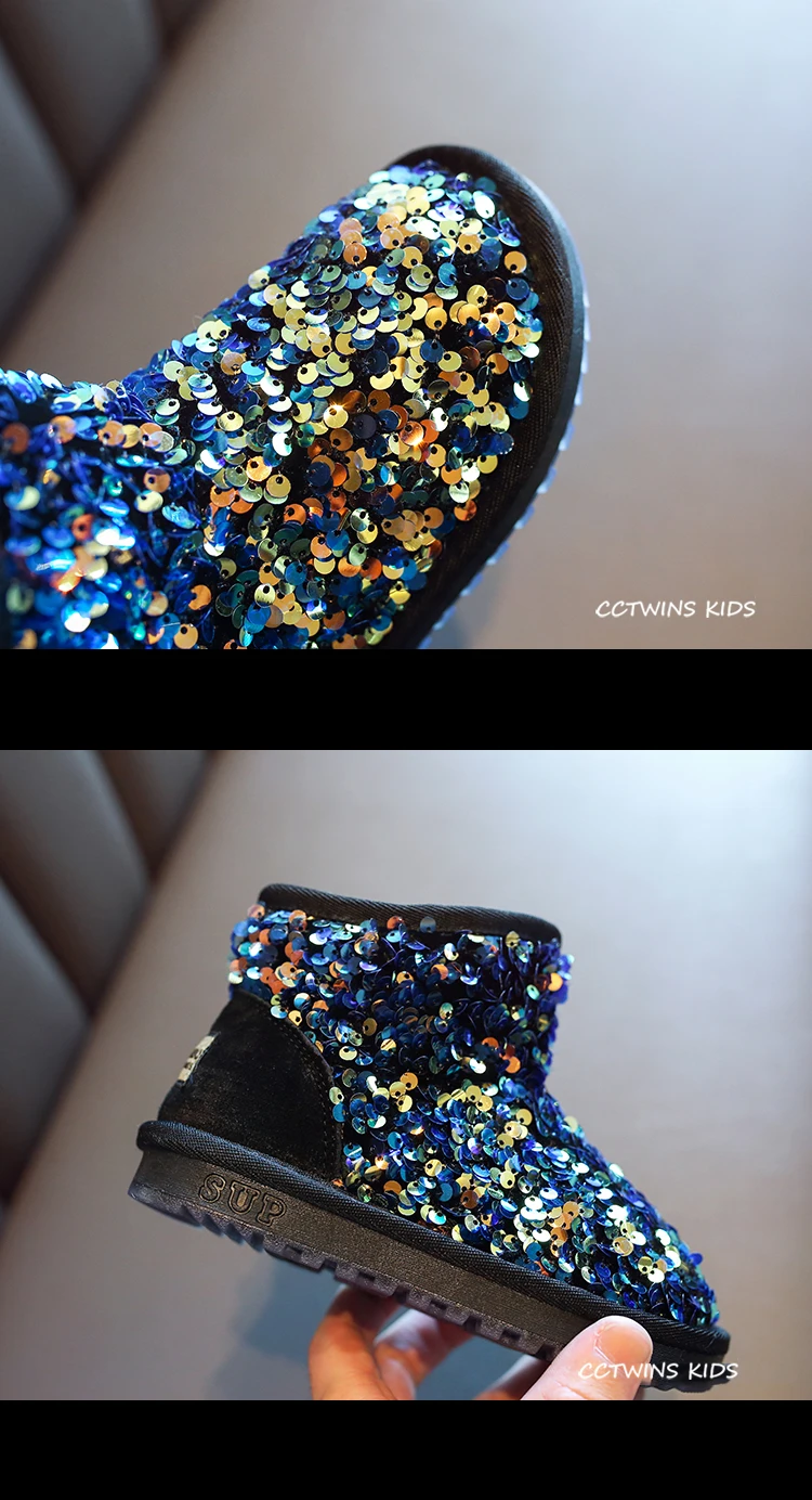 CCTWINS Kids Shoes Winter Girls Fashion Sequin Snow Boots Children Black Sparkly Short Boot for Toddler Glitter Shoe SNB095