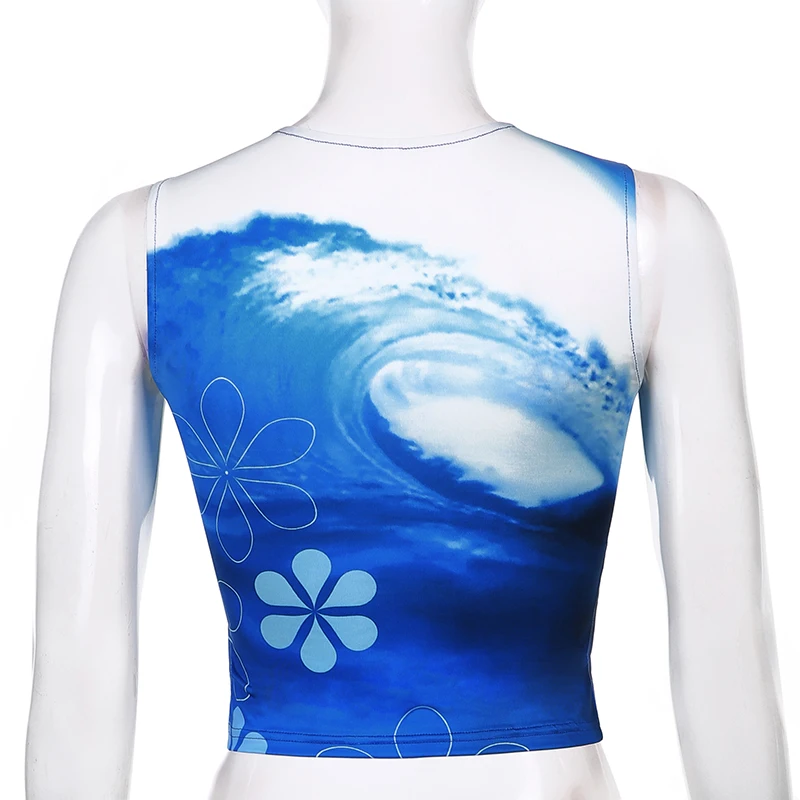 

Wave Floral Printed Y2k Crop Tank Top For Girls Aesthetic Summer Clothes For Women Chic 2021Casual Shirt Vest Pullover Beachwear
