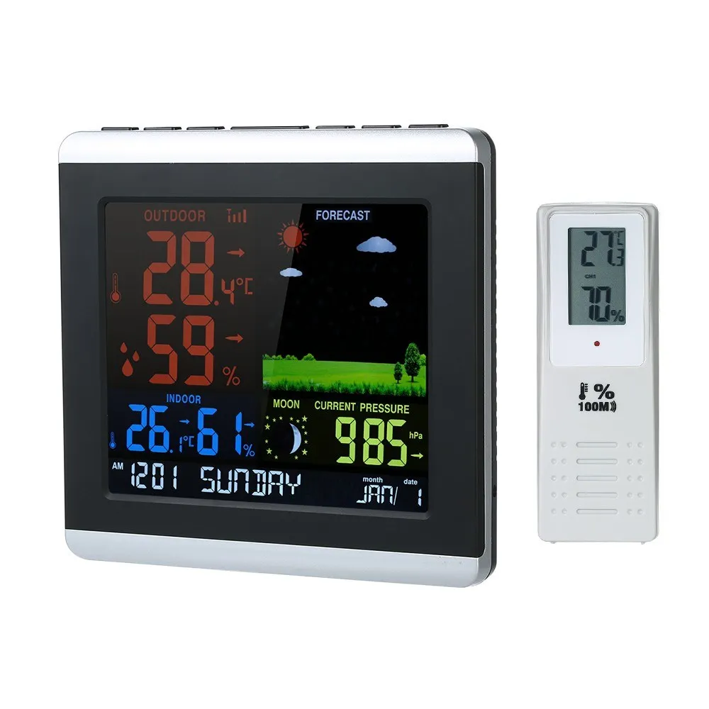 

Wireless LCD Weather Forecast Clock Indoor Outdoor Thermometer Hygrometer Barometer Air Pressure Alarm Clock Calendar Function