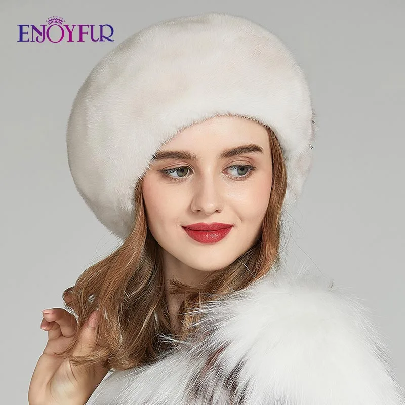 Женская меховая шапка ENJOYFUR, теплая шапочка-берет из цельного куска натурального меха норки с цветком на зиму