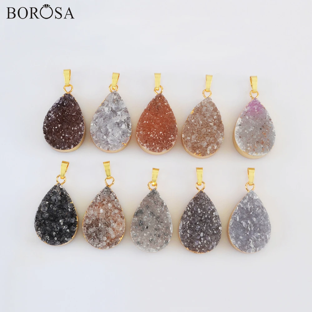 

BOROSA Druzy Necklace Gold Drop Shape Natural Agates Druzy Pendant Necklace, Natural Druzy Pendant for Necklace Handmade G2021