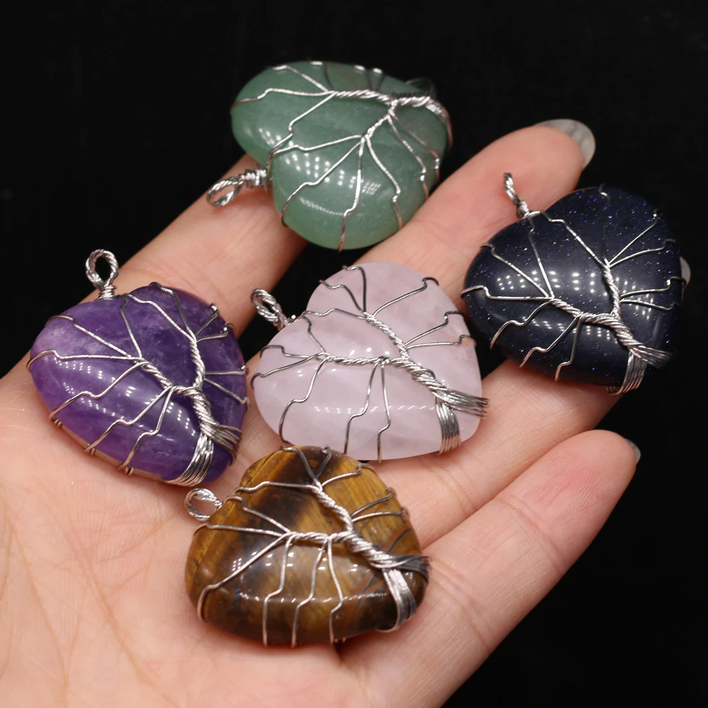 

Natural Rose Quartzs Lapis Lazulis Pendant Heart Shape Winding Silver Stone Pendant for Making DIY Jewerly Necklace 30x38mm