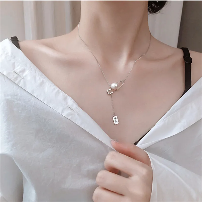 

OBEAR Silver Plated Fashion Creative Pin Pearl Pendant Necklace for Women Girl Elegant Charming Jewelry Accessories