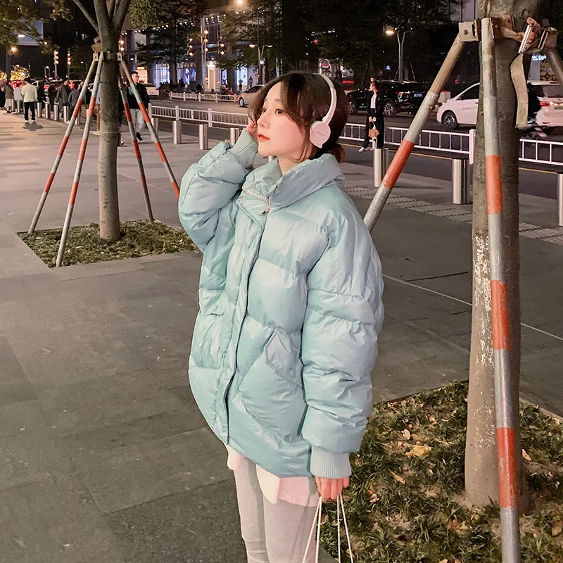 

Autumn and winter new women's loose large size concealed buckle oblique pocket stand-up collar bread short padded jacket women