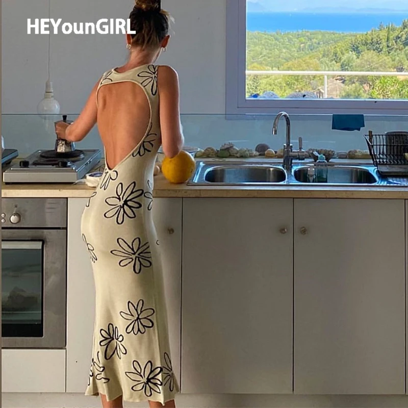 

Floral Print Backless Sexy Knitted Dress Split Side Party Bodycon Long Dress Robe Vintage Skinny Fashion Streetwear
