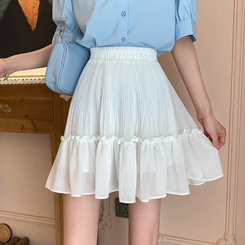 

White Half Length Skirt Summer 2021 New Korean High Waist Chiffon Pleated A-Line Skirt Elastic Waist Fairy Skirt Sweet BSQ204