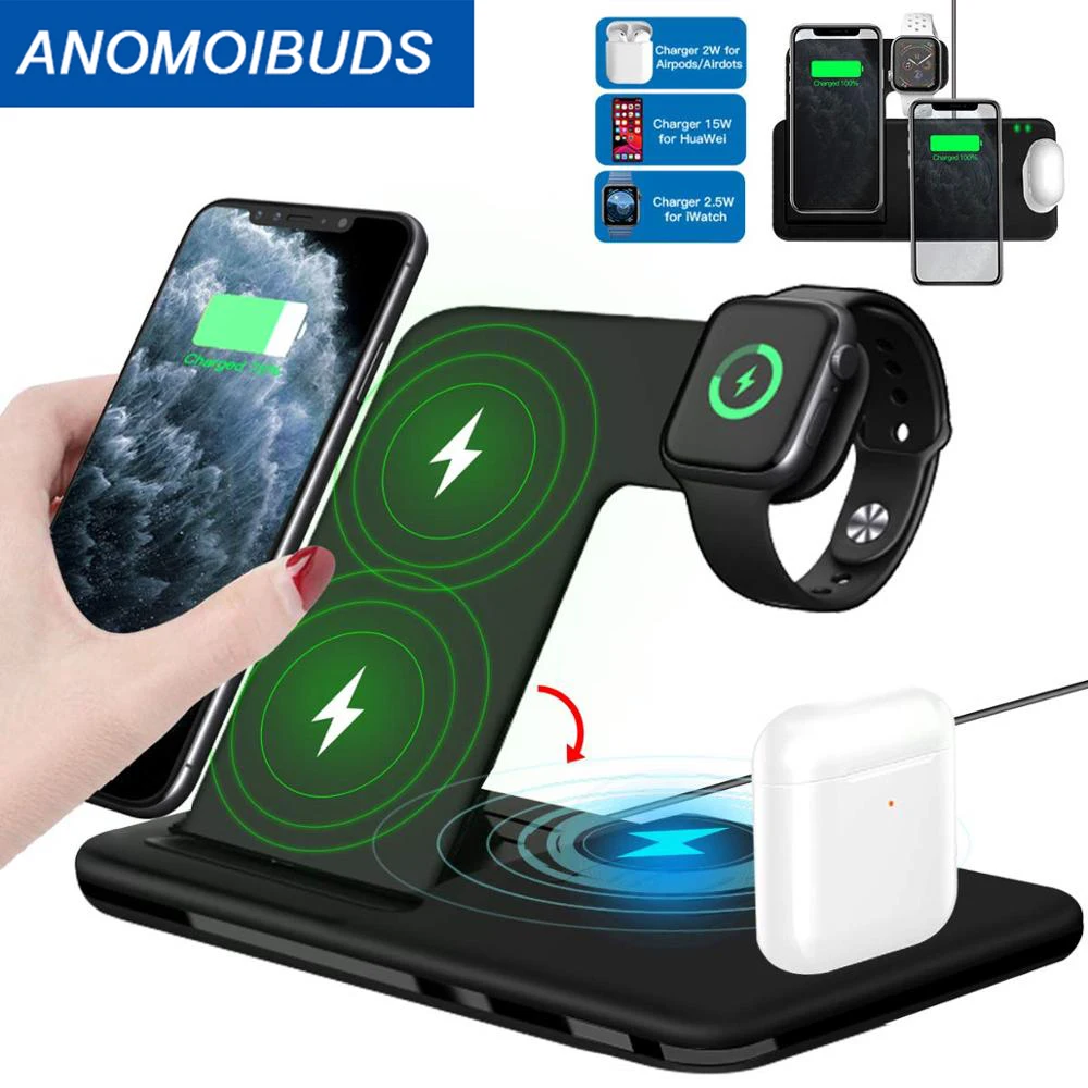 Soporte de cargador inal&aacute;mbrico r&aacute;pido Qi de 18W para iPhone 11, XR, X, 8, Apple Watch, 4 en 1, estaci&oacute;n de carga plegable para Airpods Pro, iWatch-0