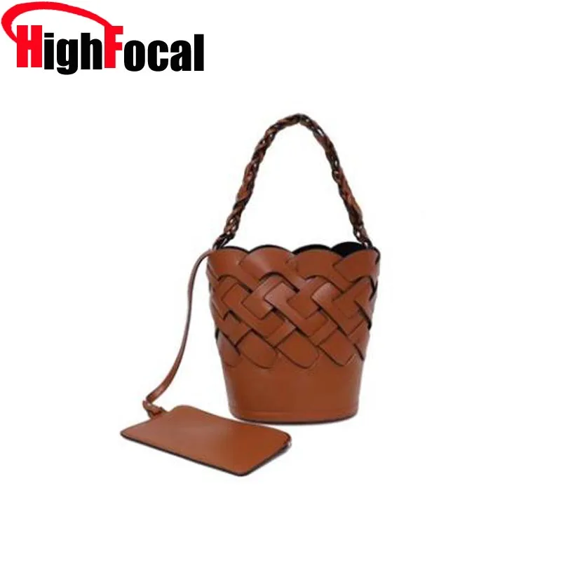

HIGHFOCAL Women Casual Bucket Bags Fashion Woven Handbags Pack Summer Rattan Handmade Beach Totebag Brown A76