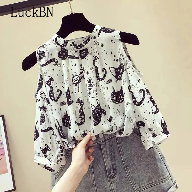 Блузка женская в стиле Харадзюку Готическая Свободная рубашка с принтом милого