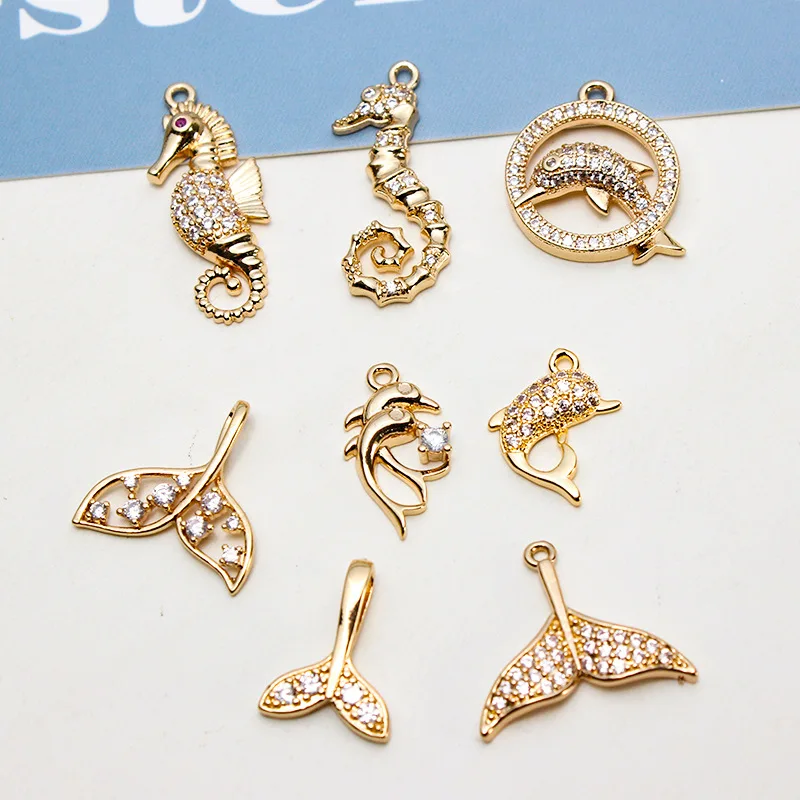 4Pcs Brass 14K Gold Plated Zircon Animal Whale Tail Mermaid Fish Dolphin Charms Pendant for DIY Bracelet Necklace Jewelry Making - купить по