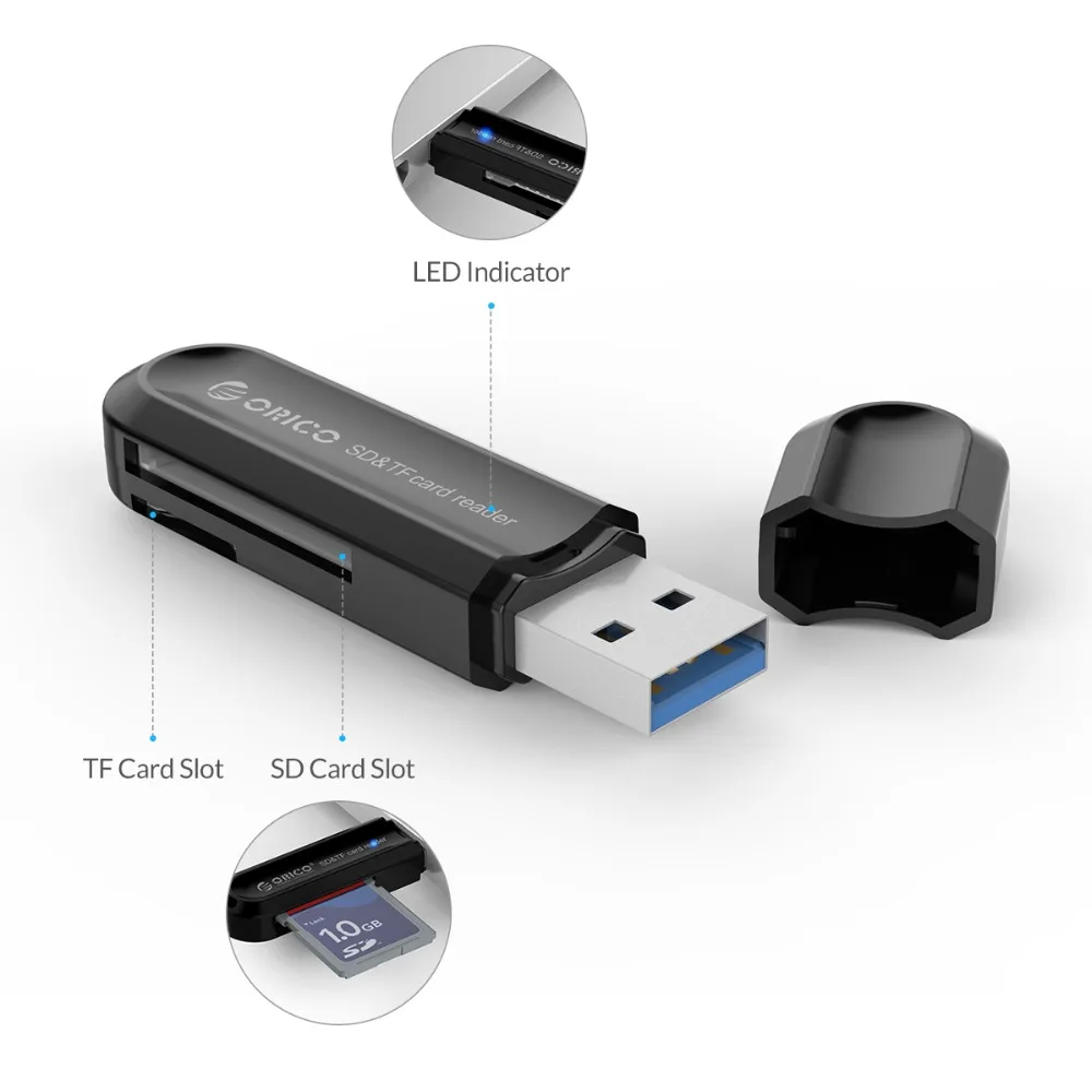 ORICO USB 3,0 TF/SD кард-ридер Mini USB3.0 USB C двойной кард-ридер Поддержка SD/TF с многофункциональным дизайном-черный/белый