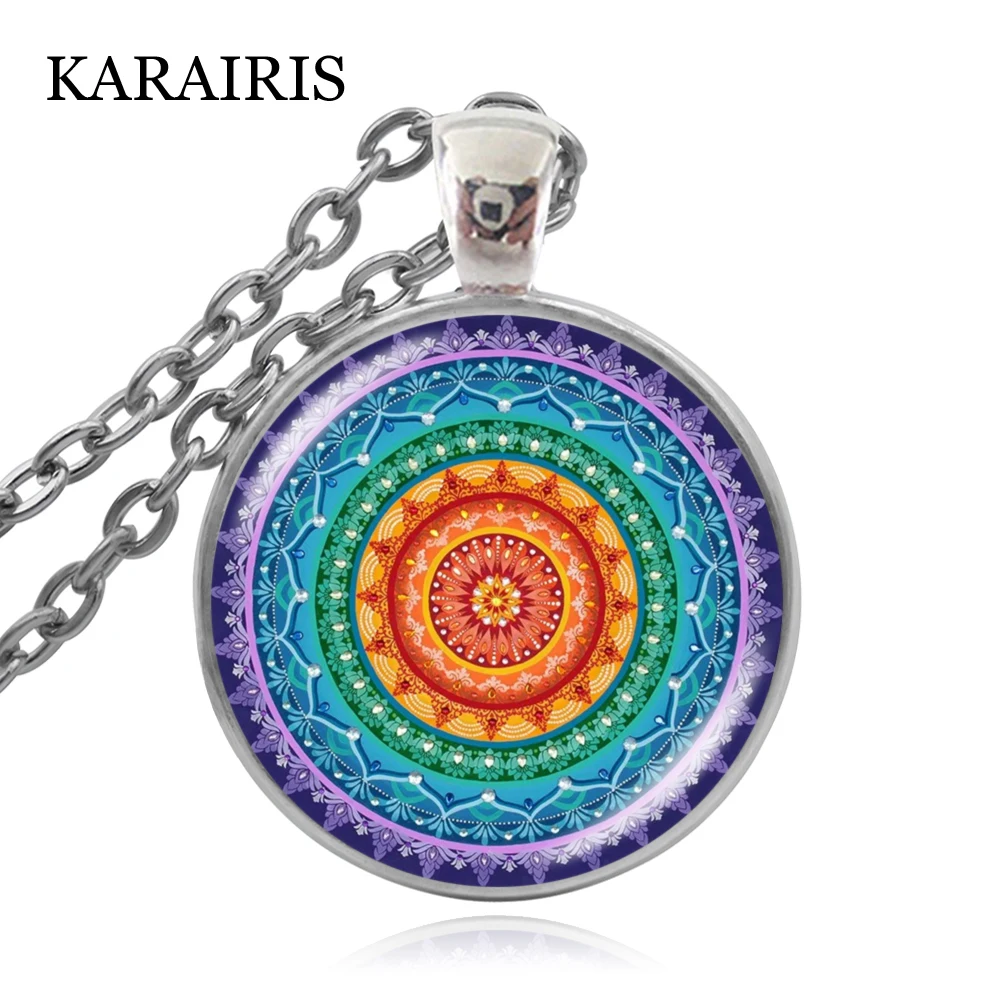 

KARAIRIS 7 Chakras Mandala Necklace Jewelry Charms Glass Cabochon Handmade Craft Glass Gem Pendant Accessories Gifts