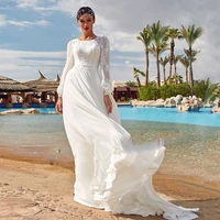 latest summer beach chiffon wedding dresses long sleeves lace wedding gowns o neckline bridal dresses appliqued sweep train 2021