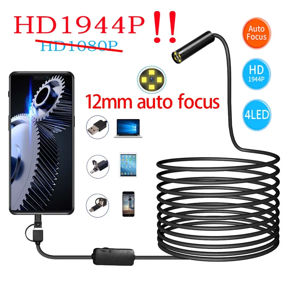 Auto Focus HD1944P Endoscope for Cars Android Phone Type c 5MP Mini Sewer Inspection Camera 12mm Endoscopy Usb Borescope 1-10m