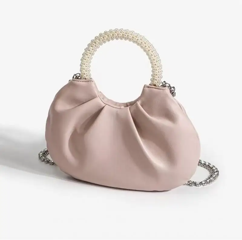 

Luxury Brand Rhinestone Chain Tote for Women Ruched Pearl Shoulder Crossbody Bags High Quality Casual Top-Handle Bag Purses Ins